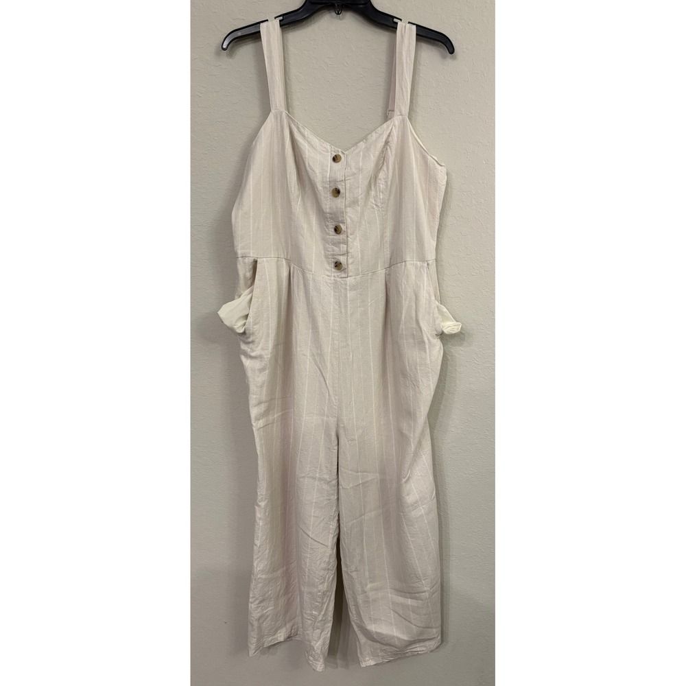 Old Navy Linen Blend Button Front Cami Jumpsuit XL Cream White Stripe Wide Leg